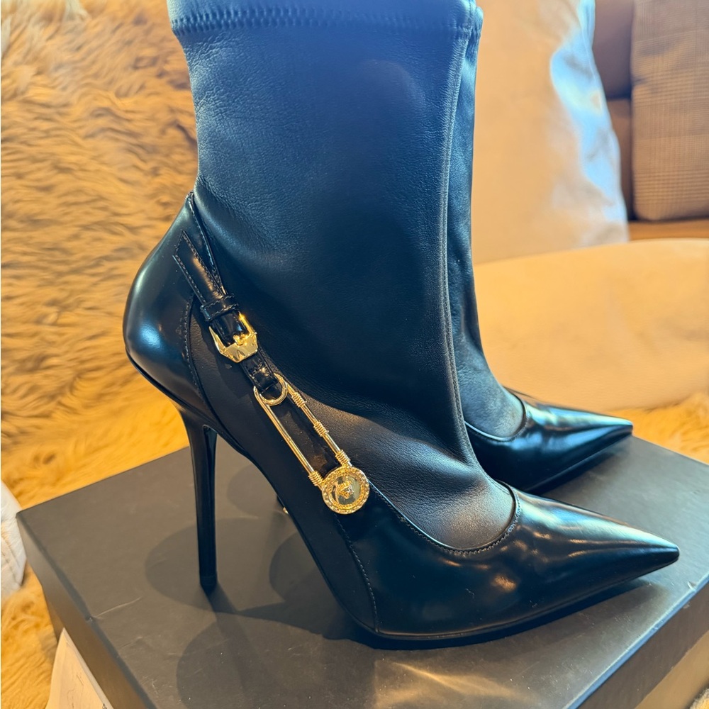 Versace Black Heeled Boots with Gold Accent